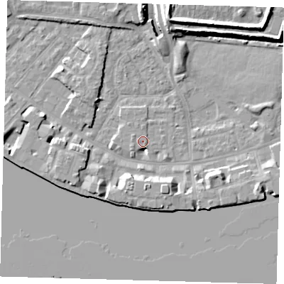 Shaded relief map of the ground around E143PW, computed from Environment Agency LiDAR. The ground here sits at about 3 m above sea level and falls 10 m across the surrounding 800 m. Surface water reaching this point runs off ground lying to the north-west, 3.4 m higher.