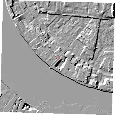 Shaded relief map of the ground around E143QB, computed from Environment Agency LiDAR. The ground here sits at about 5 m above sea level and falls 10 m across the surrounding 800 m. Surface water reaching this point runs off ground lying to the west-north-west, 0.8 m higher.