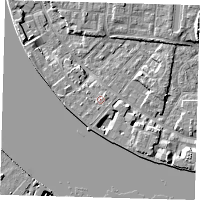 Shaded relief map of the ground around E143QD, computed from Environment Agency LiDAR. The ground here sits at about 5 m above sea level and falls 10 m across the surrounding 800 m. Surface water reaching this point runs off ground lying to the south-south-west, 1.0 m higher.