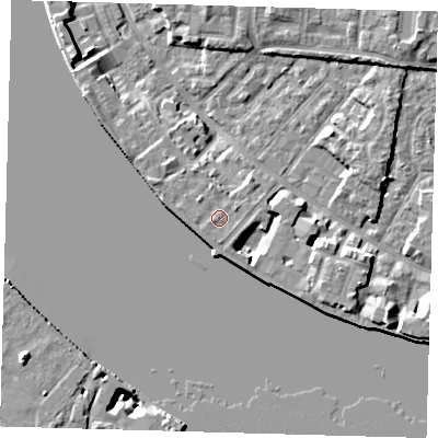 Shaded relief map of the ground around E143QG, computed from Environment Agency LiDAR. The ground here sits at about 5 m above sea level and falls 8 m across the surrounding 800 m. Surface water reaching this point runs off ground lying to the west-south-west, 0.5 m higher.