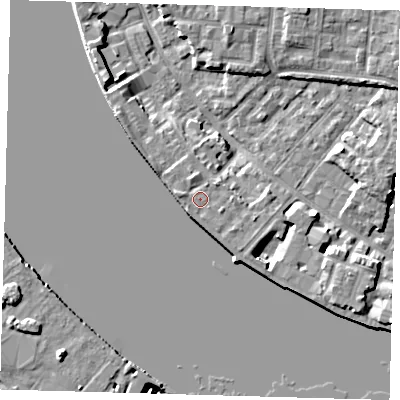 Shaded relief map of the ground around E143QH, computed from Environment Agency LiDAR. The ground here sits at about 5 m above sea level and falls 7 m across the surrounding 800 m. Surface water reaching this point runs off ground lying to the east-south-east, 0.6 m higher.