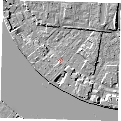 Shaded relief map of the ground around E143QJ, computed from Environment Agency LiDAR. The ground here sits at about 3 m above sea level and falls 9 m across the surrounding 800 m. Surface water reaching this point runs off ground lying to the south-south-east, 4.4 m higher.
