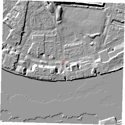 Shaded relief map of the ground around E143QL, computed from Environment Agency LiDAR. The ground here sits at about 3 m above sea level and falls 8 m across the surrounding 800 m. Surface water reaching this point runs off ground lying to the south-south-west, 3.5 m higher.