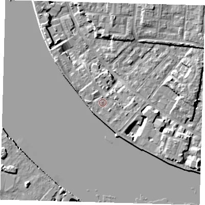 Shaded relief map of the ground around E143QN, computed from Environment Agency LiDAR. The ground here sits at about 5 m above sea level and falls 7 m across the surrounding 800 m. Surface water reaching this point runs off ground lying to the south-east, 0.8 m higher.
