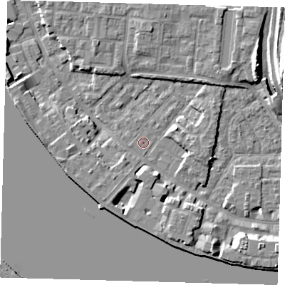 Shaded relief map of the ground around E143QP, computed from Environment Agency LiDAR. The ground here sits at about 2 m above sea level and falls 11 m across the surrounding 800 m. The ground contributing surface water to this point lies to the north.