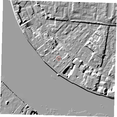 Shaded relief map of the ground around E143QQ, computed from Environment Agency LiDAR. The ground here sits at about 5 m above sea level and falls 8 m across the surrounding 800 m. Surface water reaching this point runs off ground lying to the west-south-west, 1.4 m higher.
