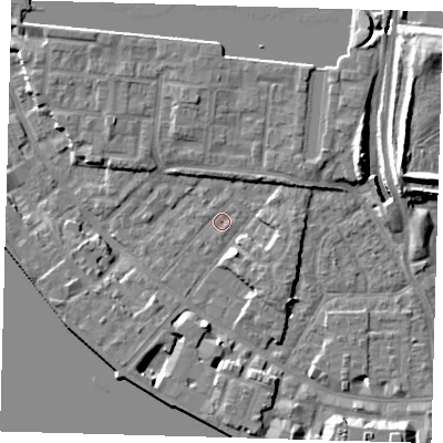 Shaded relief map of the ground around E143QR, computed from Environment Agency LiDAR. The ground here sits at about 2 m above sea level and falls 13 m across the surrounding 800 m. Surface water reaching this point runs off ground lying to the north-east, 3.0 m higher.
