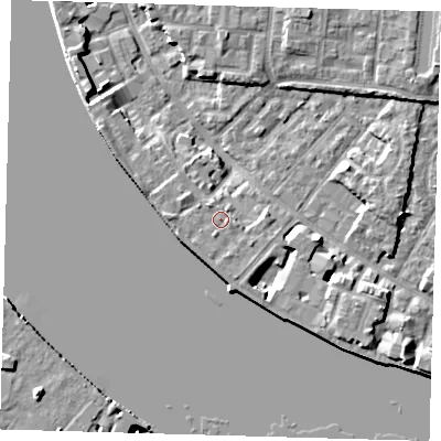 Shaded relief map of the ground around E143QW, computed from Environment Agency LiDAR. The ground here sits at about 5 m above sea level and falls 7 m across the surrounding 800 m. Surface water reaching this point runs off ground lying to the south-south-west, 1.4 m higher.