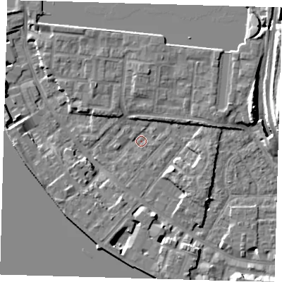 Shaded relief map of the ground around E143QX, computed from Environment Agency LiDAR. The ground here sits at about 2 m above sea level and falls 11 m across the surrounding 800 m. Surface water reaching this point runs off ground lying to the south, 5.0 m higher.