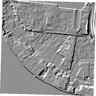 Shaded relief map of the ground around E143QZ, computed from Environment Agency LiDAR. The ground here sits at about 2 m above sea level and falls 9 m across the surrounding 800 m. Surface water reaching this point runs off ground lying to the south-south-east, 4.7 m higher.