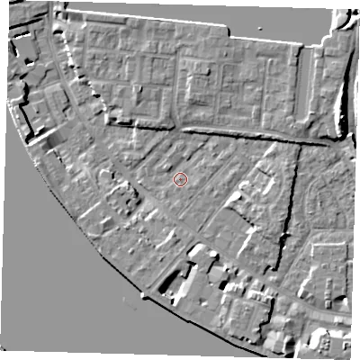 Shaded relief map of the ground around E143RA, computed from Environment Agency LiDAR. The ground here sits at about 2 m above sea level and falls 9 m across the surrounding 800 m. Surface water reaching this point runs off ground lying to the west-south-west, 4.6 m higher.