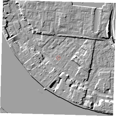 Shaded relief map of the ground around E143RB, computed from Environment Agency LiDAR. The ground here sits at about 2 m above sea level and falls 9 m across the surrounding 800 m. Surface water reaching this point runs off ground lying to the south-south-east, 4.4 m higher.