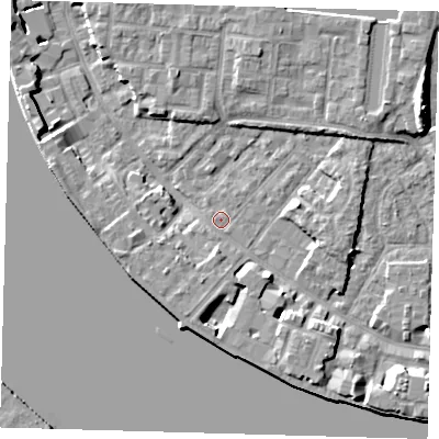 Shaded relief map of the ground around E143RD, computed from Environment Agency LiDAR. The ground here sits at about 2 m above sea level and falls 9 m across the surrounding 800 m. Surface water reaching this point runs off ground lying to the south-south-east, 4.4 m higher.
