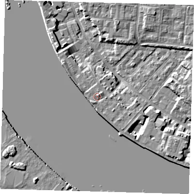 Shaded relief map of the ground around E143RE, computed from Environment Agency LiDAR. The ground here sits at about 5 m above sea level and falls 7 m across the surrounding 800 m. Surface water reaching this point runs off ground lying to the north-east, 1.1 m higher.