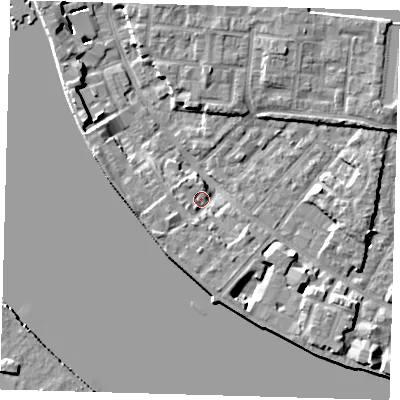 Shaded relief map of the ground around E143RG, computed from Environment Agency LiDAR. The ground here sits at about 3 m above sea level and falls 7 m across the surrounding 800 m. Surface water reaching this point runs off ground lying to the north-north-east, 5.1 m higher.