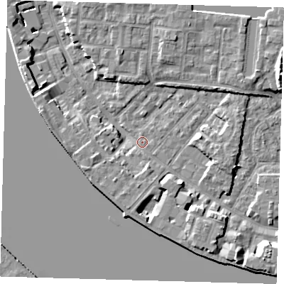 Shaded relief map of the ground around E143RH, computed from Environment Agency LiDAR. The ground here sits at about 2 m above sea level and falls 9 m across the surrounding 800 m. Surface water reaching this point runs off ground lying to the south-south-east, 4.5 m higher.