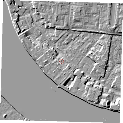 Shaded relief map of the ground around E143RJ, computed from Environment Agency LiDAR. The ground here sits at about 3 m above sea level and falls 7 m across the surrounding 800 m. Surface water reaching this point runs off ground lying to the south-west, 2.6 m higher.