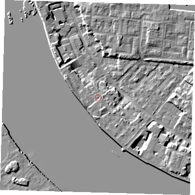 Shaded relief map of the ground around E143RN, computed from Environment Agency LiDAR. The ground here sits at about 5 m above sea level and falls 7 m across the surrounding 800 m. Surface water reaching this point runs off ground lying to the south-south-east, 1.3 m higher.