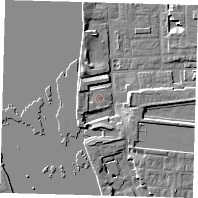 Shaded relief map of the ground around E143RP, computed from Environment Agency LiDAR. The ground here sits at about 3 m above sea level and falls 7 m across the surrounding 800 m. Surface water reaching this point runs off ground lying to the west-north-west, 3.6 m higher.