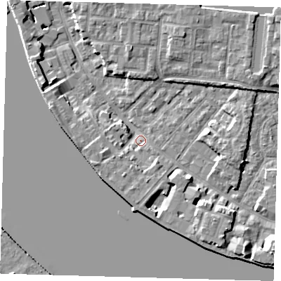 Shaded relief map of the ground around E143RQ, computed from Environment Agency LiDAR. The ground here sits at about 2 m above sea level and falls 7 m across the surrounding 800 m. Surface water reaching this point runs off ground lying to the south-east, 5.0 m higher.