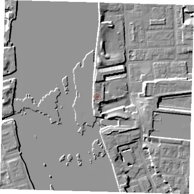 Shaded relief map of the ground around E143RU, computed from Environment Agency LiDAR. The ground here sits at about 5 m above sea level and falls 8 m across the surrounding 800 m. Surface water reaching this point runs off ground lying to the west-north-west, 0.8 m higher.