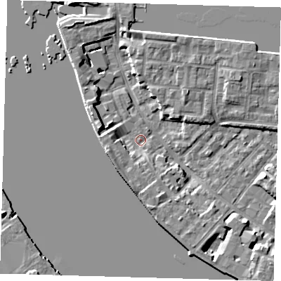Shaded relief map of the ground around E143RW, computed from Environment Agency LiDAR. The ground here sits at about 2 m above sea level and falls 8 m across the surrounding 800 m. Surface water reaching this point runs off ground lying to the south-south-east, 5.0 m higher.