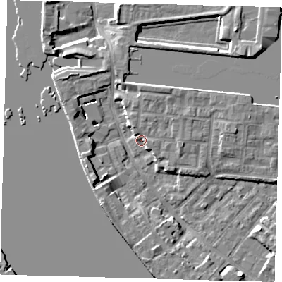 Shaded relief map of the ground around E143RX, computed from Environment Agency LiDAR. The ground here sits at about 3 m above sea level and falls 7 m across the surrounding 800 m. Surface water reaching this point runs off ground lying to the south-west, 6.4 m higher.