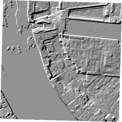 Shaded relief map of the ground around E143RY, computed from Environment Agency LiDAR. The ground here sits at about 2 m above sea level and falls 8 m across the surrounding 800 m. Surface water reaching this point runs off ground lying to the south-west, 5.4 m higher.