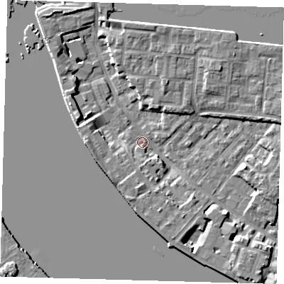 Shaded relief map of the ground around E143SA, computed from Environment Agency LiDAR. The ground here sits at about 2 m above sea level and falls 7 m across the surrounding 800 m. Surface water reaching this point runs off ground lying to the south-south-west, 4.3 m higher.
