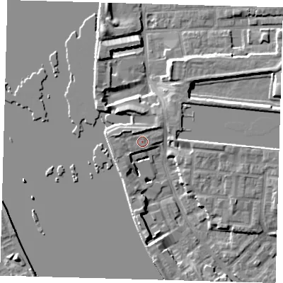 Shaded relief map of the ground around E143SE, computed from Environment Agency LiDAR. The ground here sits at about 4 m above sea level and falls 7 m across the surrounding 800 m. Surface water reaching this point runs off ground lying to the west-north-west, 1.9 m higher.