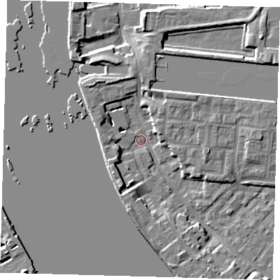Shaded relief map of the ground around E143SF, computed from Environment Agency LiDAR. The ground here sits at about 2 m above sea level and falls 8 m across the surrounding 800 m. Surface water reaching this point runs off ground lying to the south-south-west, 5.3 m higher.
