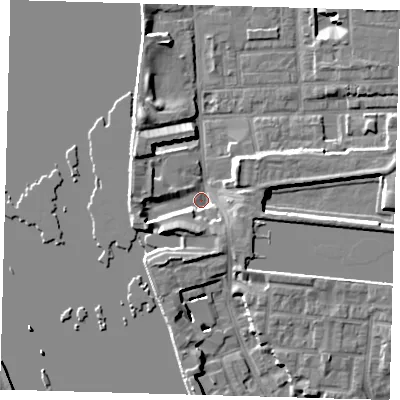 Shaded relief map of the ground around E143SG, computed from Environment Agency LiDAR. The ground here sits at about 1 m above sea level and falls 7 m across the surrounding 800 m. Surface water reaching this point runs off ground lying to the south-west, 5.0 m higher.