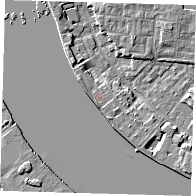Shaded relief map of the ground around E143SH, computed from Environment Agency LiDAR. The ground here sits at about 5 m above sea level and falls 8 m across the surrounding 800 m. Surface water reaching this point runs off ground lying to the south-east, 1.3 m higher.