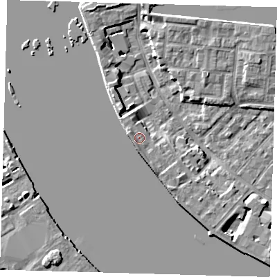 Shaded relief map of the ground around E143SJ, computed from Environment Agency LiDAR. The ground here sits at about 5 m above sea level and falls 8 m across the surrounding 800 m. Surface water reaching this point runs off ground lying to the north-north-west, 3.3 m higher.