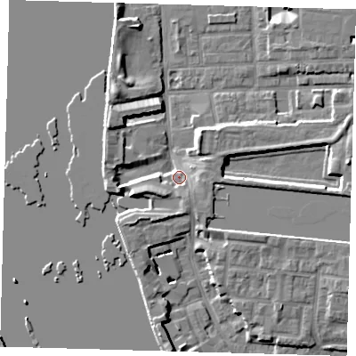 Shaded relief map of the ground around E143SN, computed from Environment Agency LiDAR. The ground here sits at about 4 m above sea level and falls 7 m across the surrounding 800 m. Surface water reaching this point runs off ground lying to the west-south-west, 5.0 m higher.