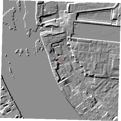 Shaded relief map of the ground around E143SP, computed from Environment Agency LiDAR. The ground here sits at about 2 m above sea level and falls 8 m across the surrounding 800 m. Surface water reaching this point runs off ground lying to the south, 5.4 m higher.