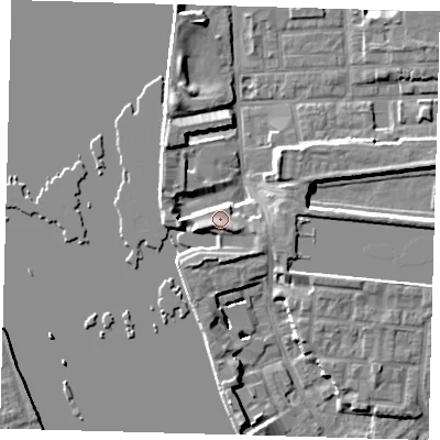 Shaded relief map of the ground around E143SW, computed from Environment Agency LiDAR. The ground here sits at about 5 m above sea level and falls 7 m across the surrounding 800 m. Surface water reaching this point runs off ground lying to the south-west, 2.4 m higher.