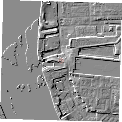 Shaded relief map of the ground around E143SX, computed from Environment Agency LiDAR. The ground here sits at about 5 m above sea level and falls 7 m across the surrounding 800 m. Surface water reaching this point runs off ground lying to the west-south-west, 1.9 m higher.