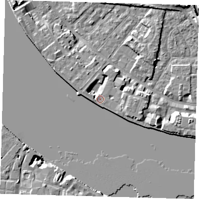 Shaded relief map of the ground around E143TB, computed from Environment Agency LiDAR. The ground here sits at about 5 m above sea level and falls 8 m across the surrounding 800 m. Surface water reaching this point runs off ground lying to the south-south-west, 7.6 m higher.