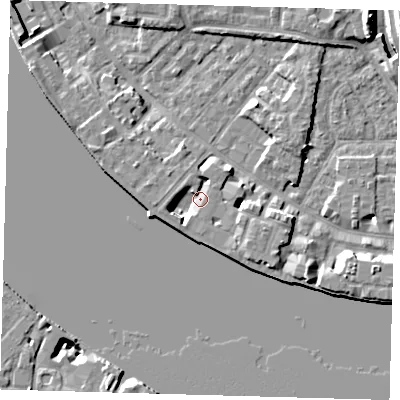 Shaded relief map of the ground around E143TD, computed from Environment Agency LiDAR. The ground here sits at about 4 m above sea level and falls 10 m across the surrounding 800 m. Surface water reaching this point runs off ground lying to the west-north-west, 3.9 m higher.
