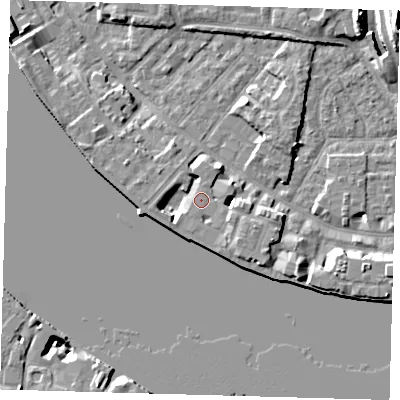 Shaded relief map of the ground around E143TG, computed from Environment Agency LiDAR. The ground here sits at about 5 m above sea level and falls 11 m across the surrounding 800 m. Surface water reaching this point runs off ground lying to the east-south-east, 4.4 m higher.