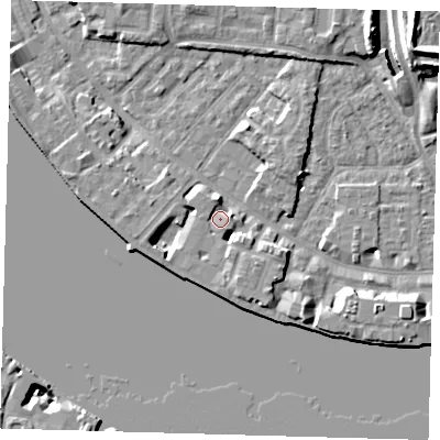 Shaded relief map of the ground around E143TH, computed from Environment Agency LiDAR. The ground here sits at about 4 m above sea level and falls 11 m across the surrounding 800 m. Surface water reaching this point runs off ground lying to the south-south-east, 4.4 m higher.