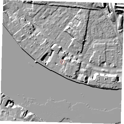 Shaded relief map of the ground around E143TJ, computed from Environment Agency LiDAR. The ground here sits at about 5 m above sea level and falls 12 m across the surrounding 800 m. Surface water reaching this point runs off ground lying to the south-east, 1.4 m higher.