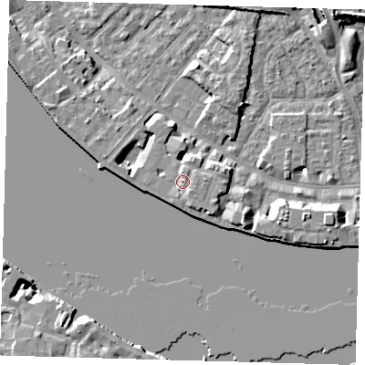 Shaded relief map of the ground around E143TL, computed from Environment Agency LiDAR. The ground here sits at about 5 m above sea level and falls 9 m across the surrounding 800 m. Surface water reaching this point runs off ground lying to the north, 1.3 m higher.