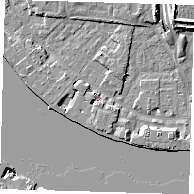 Shaded relief map of the ground around E143TP, computed from Environment Agency LiDAR. The ground here sits at about 4 m above sea level and falls 12 m across the surrounding 800 m. Surface water reaching this point runs off ground lying to the south-south-east, 4.2 m higher.