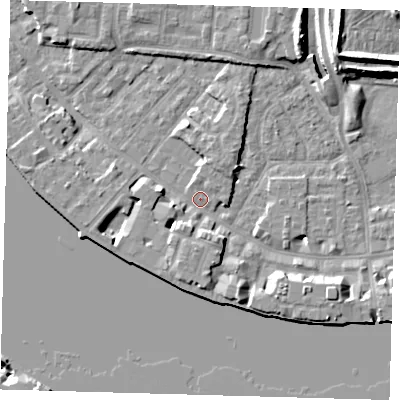 Shaded relief map of the ground around E143TQ, computed from Environment Agency LiDAR. The ground here sits at about 3 m above sea level and falls 12 m across the surrounding 800 m. Surface water reaching this point runs off ground lying to the south-south-west, 4.2 m higher.