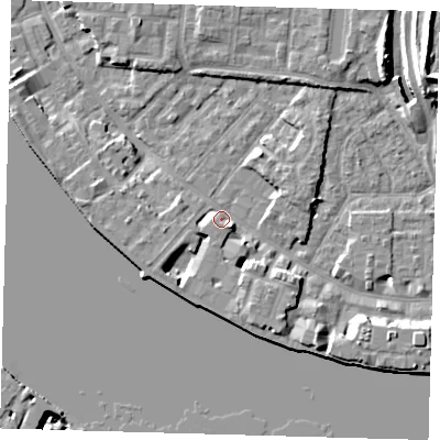 Shaded relief map of the ground around E143TR, computed from Environment Agency LiDAR. The ground here sits at about 4 m above sea level and falls 12 m across the surrounding 800 m. Surface water reaching this point runs off ground lying to the south-south-east, 4.4 m higher.
