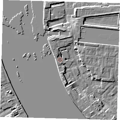 Shaded relief map of the ground around E143TS, computed from Environment Agency LiDAR. The ground here sits at about 4 m above sea level and falls 7 m across the surrounding 800 m. Surface water reaching this point runs off ground lying to the north-north-west, 5.5 m higher.