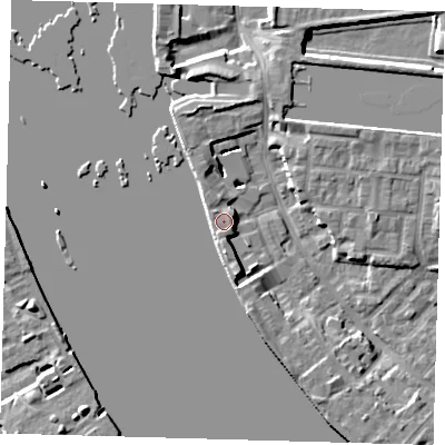Shaded relief map of the ground around E143TU, computed from Environment Agency LiDAR. The ground here sits at about 5 m above sea level and falls 8 m across the surrounding 800 m. Surface water reaching this point runs off ground lying to the north-north-west, 3.3 m higher.