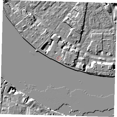 Shaded relief map of the ground around E143TW, computed from Environment Agency LiDAR. The ground here sits at about 5 m above sea level and falls 8 m across the surrounding 800 m. Surface water reaching this point runs off ground lying to the east-north-east, 1.0 m higher.